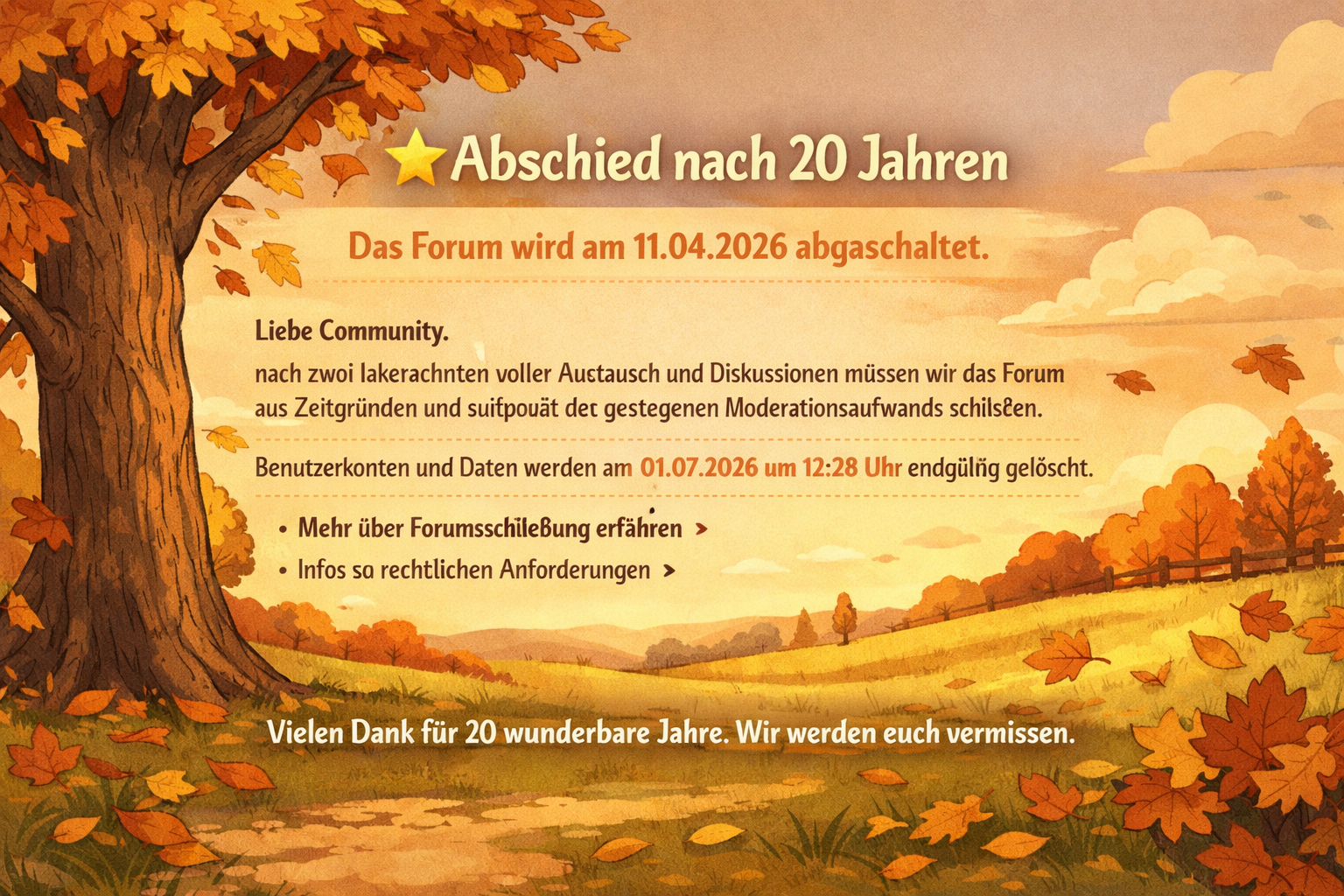 Herbstliche Cartoon-Landschaft mit einem Baum auf einer Wiese, Symbol für Abschied und Wandel